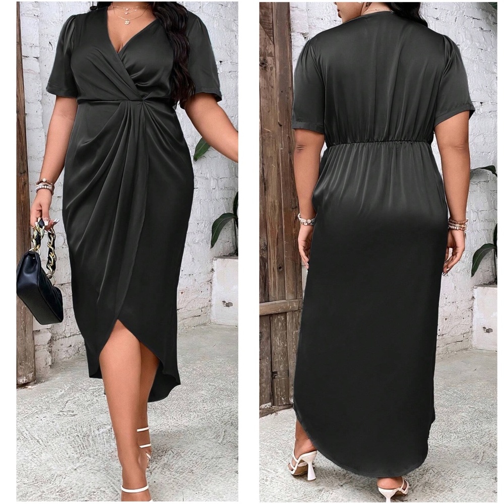 Luxe Satin Surplice Short Sleeve Evening Party Dress - Picture 5 of 9